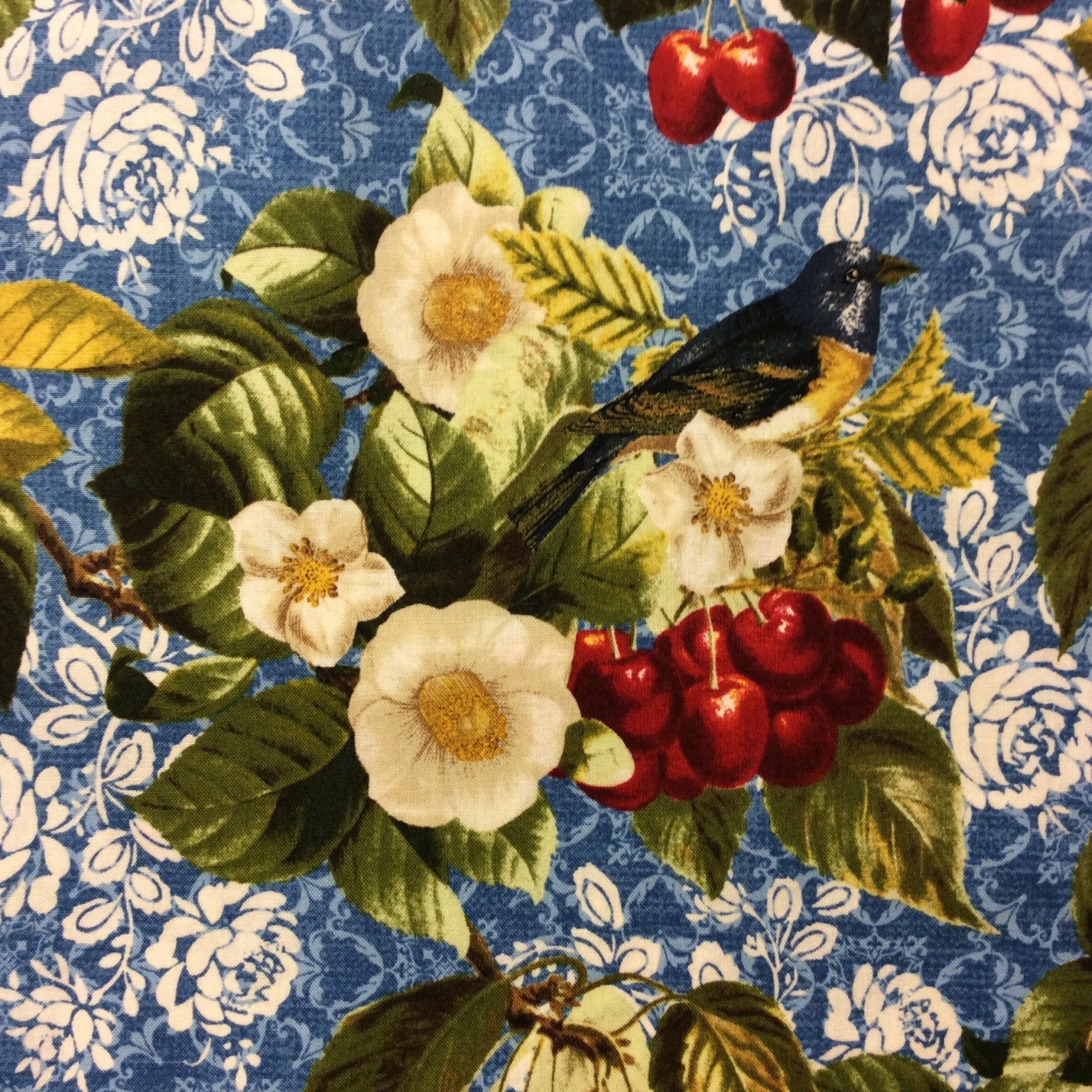 RK97 Cherry Tree with Bird Blue Fruit Nature Floral Quilt Cotton