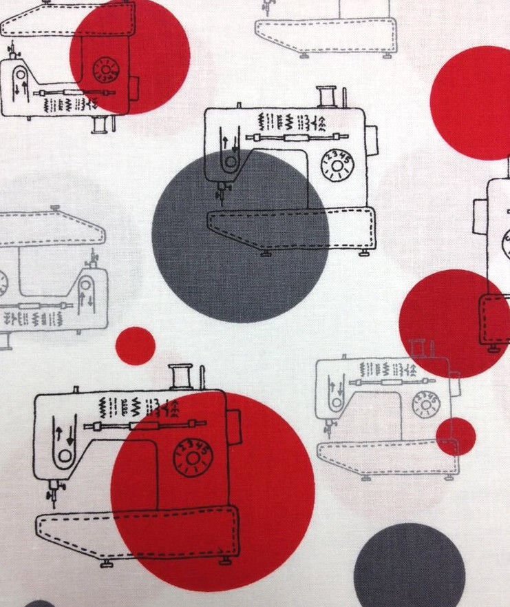 T139 Sew Retro Sewing Machines Polka Dots Quilting Cotton Fabric Quilt