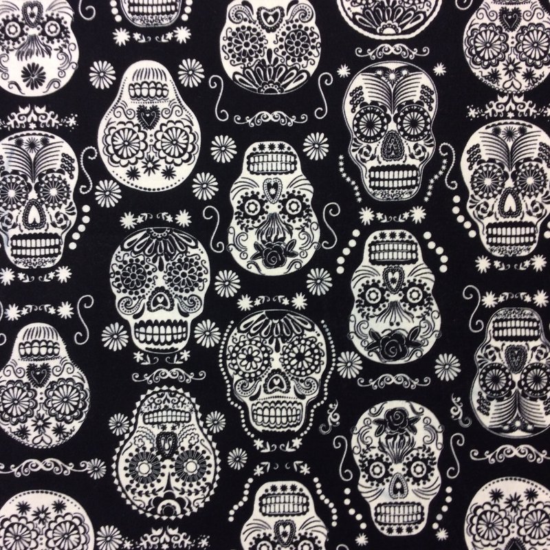 Goth Horror Glow in the Dark Black and White Sugar Skulls Cotton Quilt