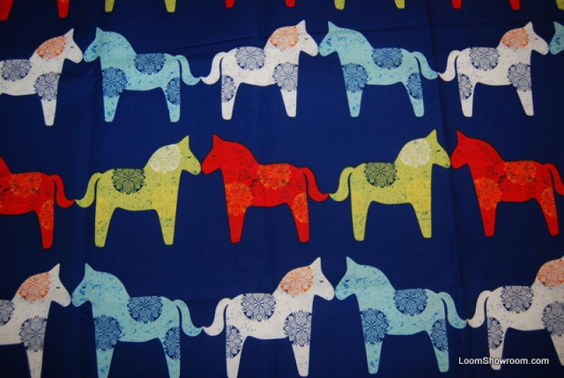 Scandinavian Mid Century Modern Style Horses Norway Print Cotton Fabric