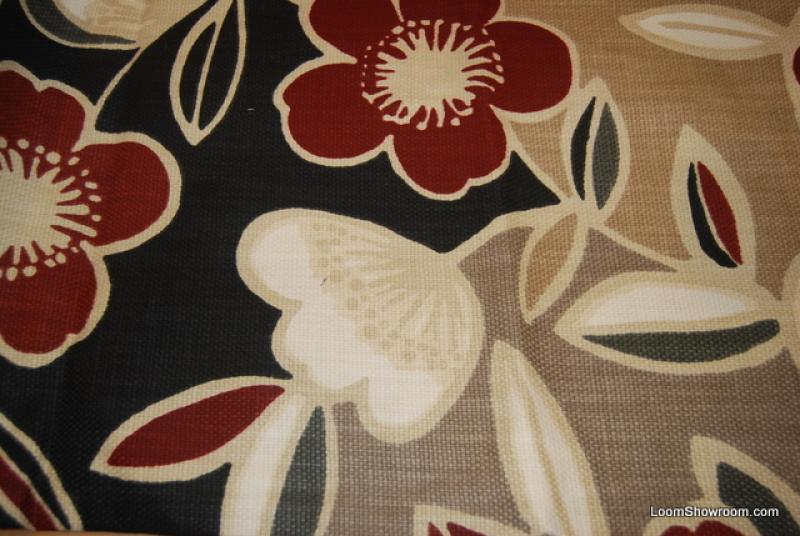 Retro Modern Barkcloth Heavy Textured Red White Black Tan Flowers