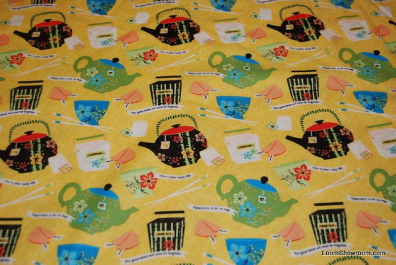 Asia Teapot Tea Cup Fortune Cookie Oriental Chinese Takeout Cotton