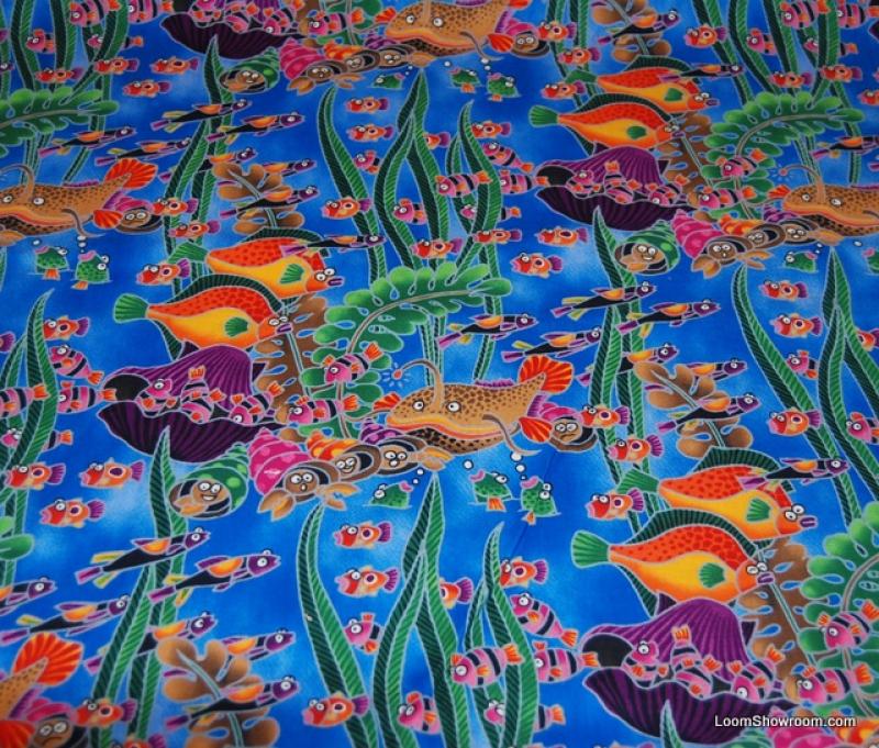P108 Fish Bright Graphic Coral Sealife Aquatic Nature Ocean Blue Cotton