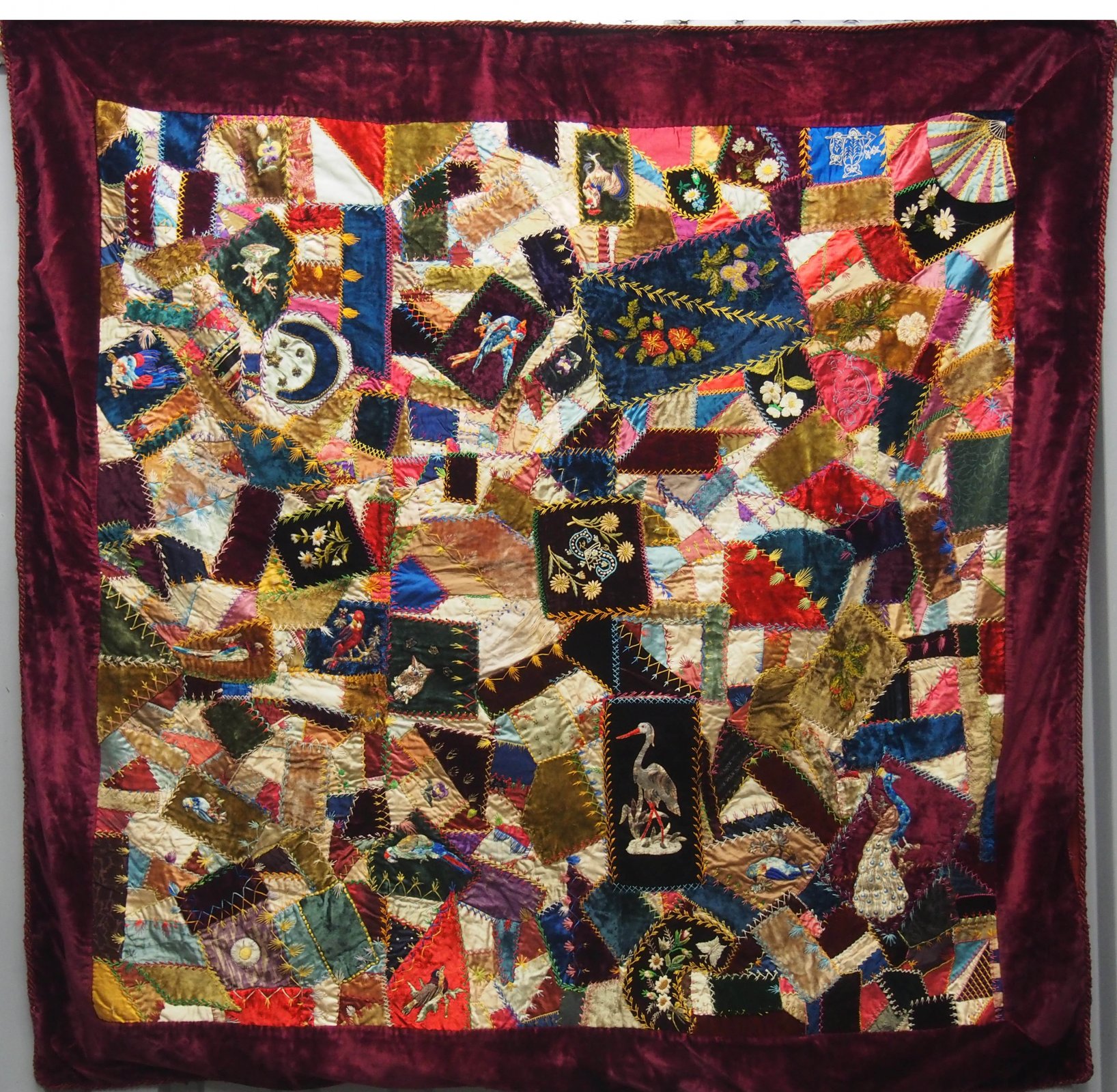 DIAMONDS ANIMAL EMBROIDERED ANTIQUE SILK CRAZY QUILT