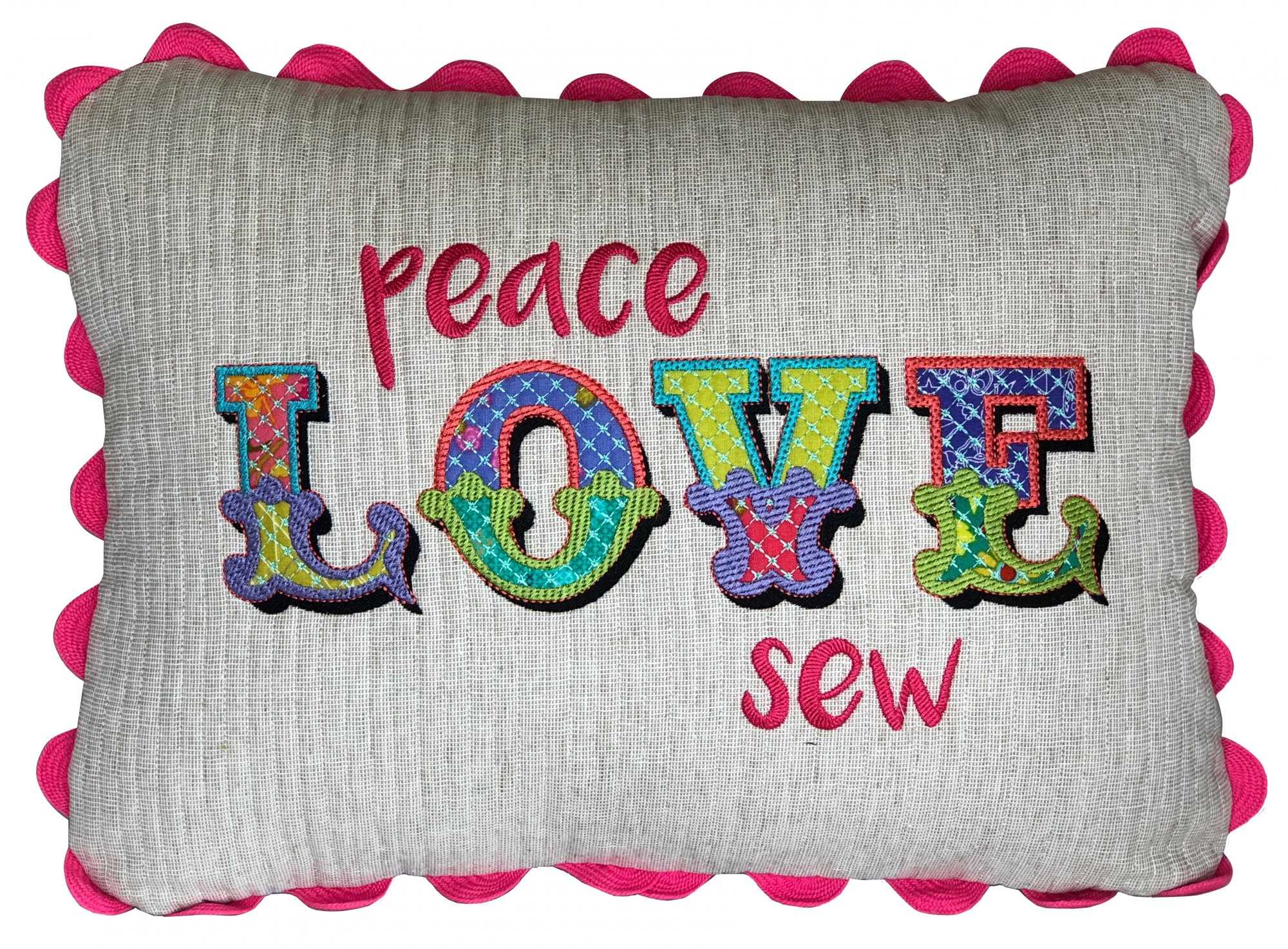 Peace Love Sew Embroidered Pillow with Fabric Confetti