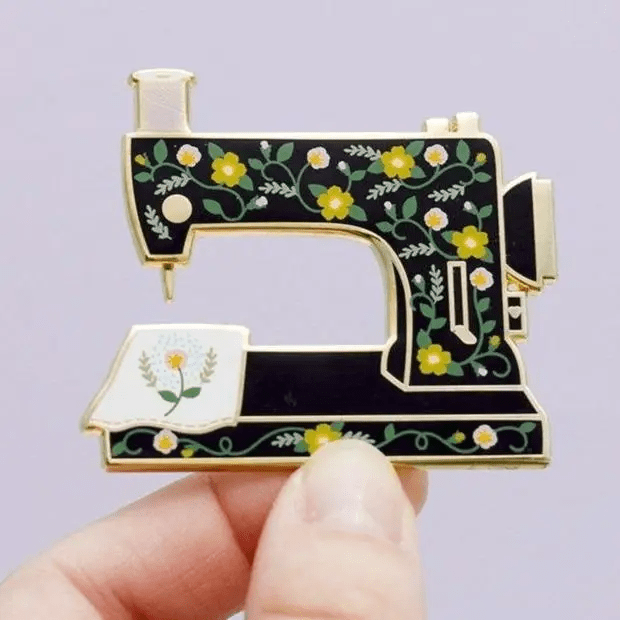 Floral Sewing Machine Interactive Enamel Pin Black
