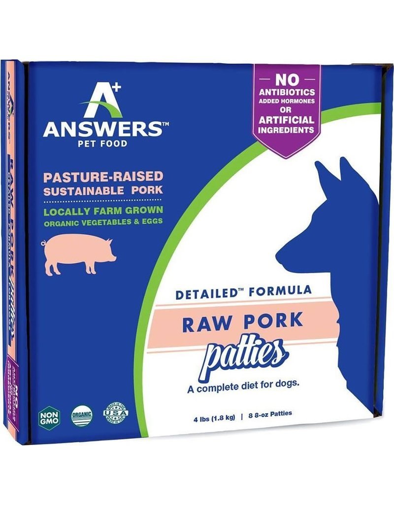 Answers Frozen Detailed Dog Pet Food Pork Patties 20LB 850003342238
