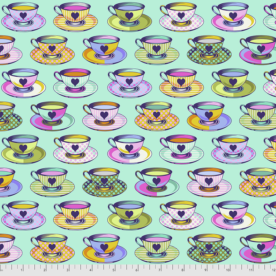 SPECIALTY FABRICS Colorful Tea Cups on Aqua Tea Time Daydream