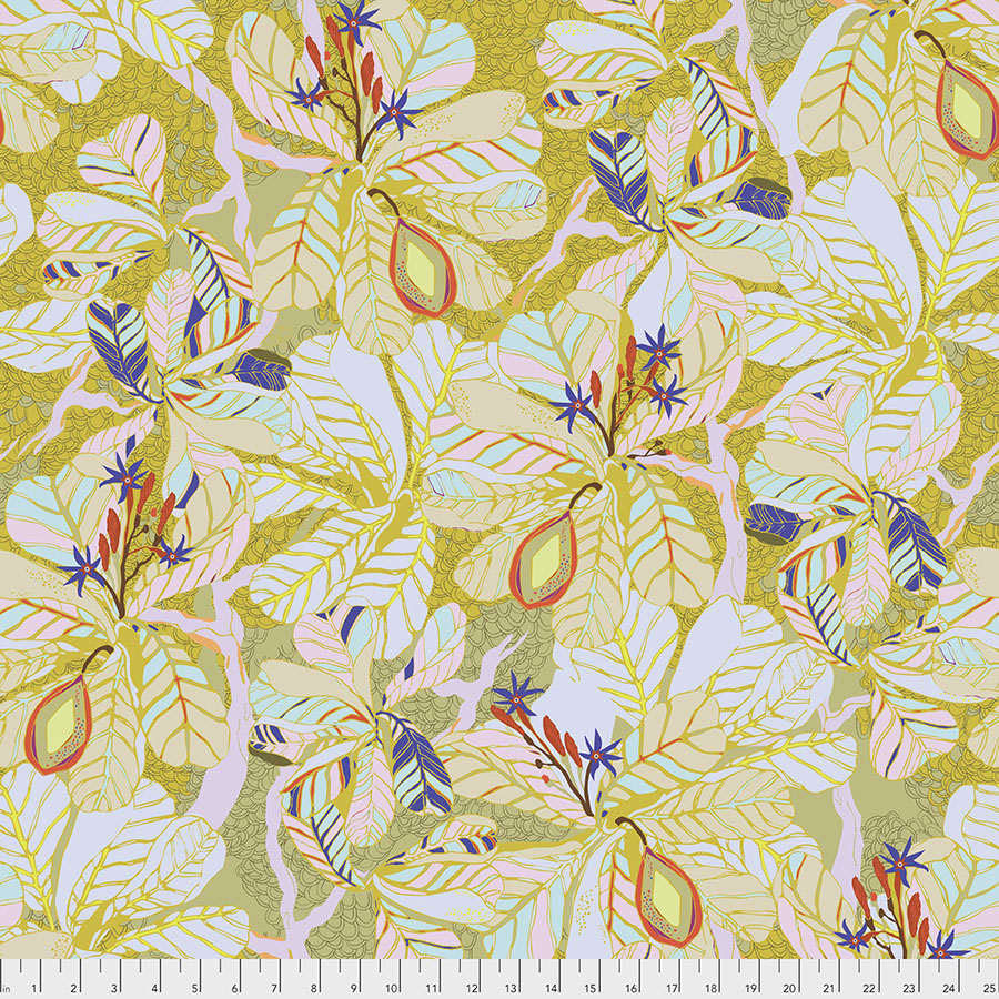 Fig Leaves in Light Blue, Pink, and Gold Seeds & Stems Fig Leaf by Kathy Doughty for