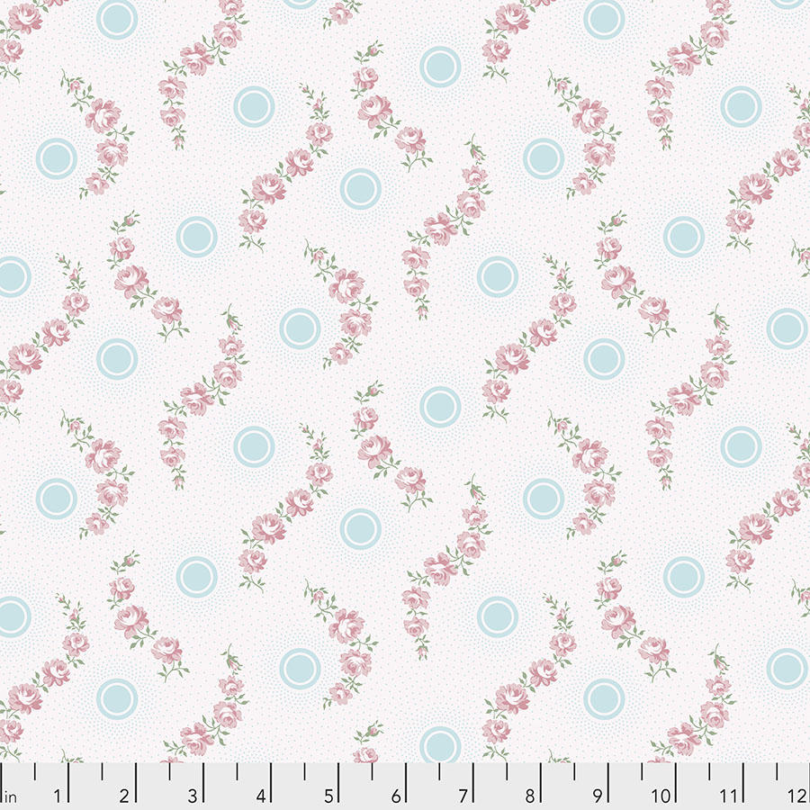 Pink Roses with Radiating Blue Dots on White Dream Cottage Rose Dot