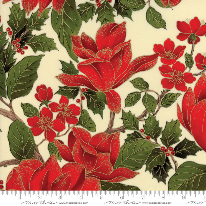 Moda Magnolia Christmas Holly Metallic Cream Cotton Quilting Fabric