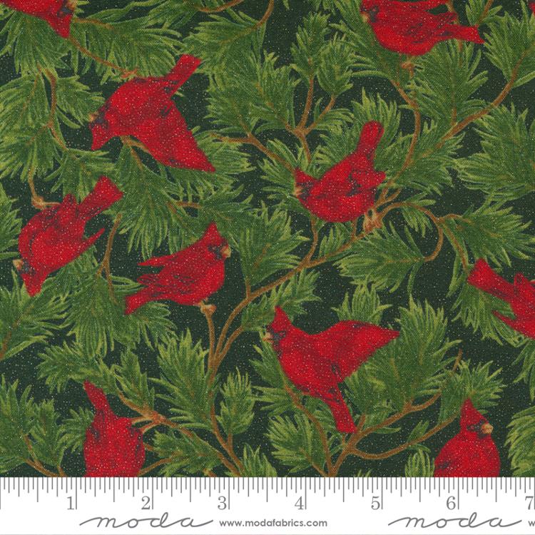 SPECIALTY FABRICS Cardinals in Evergreen Branches on Dark Green with