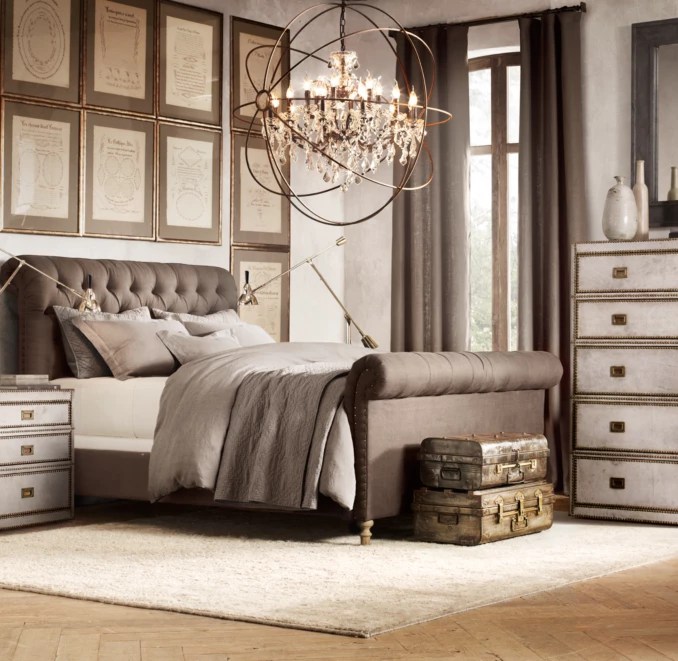 Chesterfield Fabric Sleigh Bed With Footboard