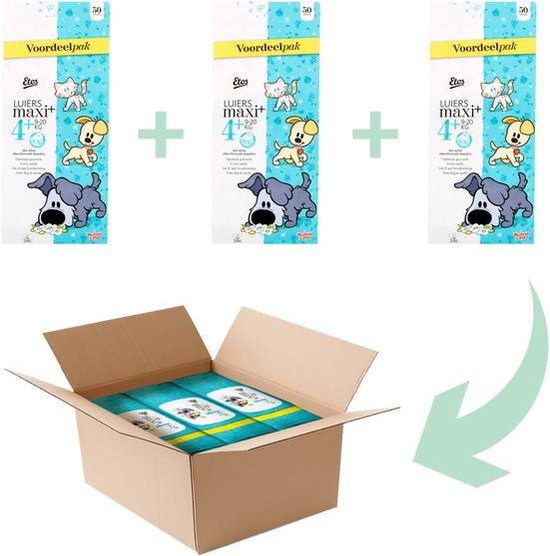 Etos Woezel & Pip Luiers Maxi Plus Maat 4+ - 9-20 Kg - Maandbox 150 Stuks (3 X 50 St) | Bol.com