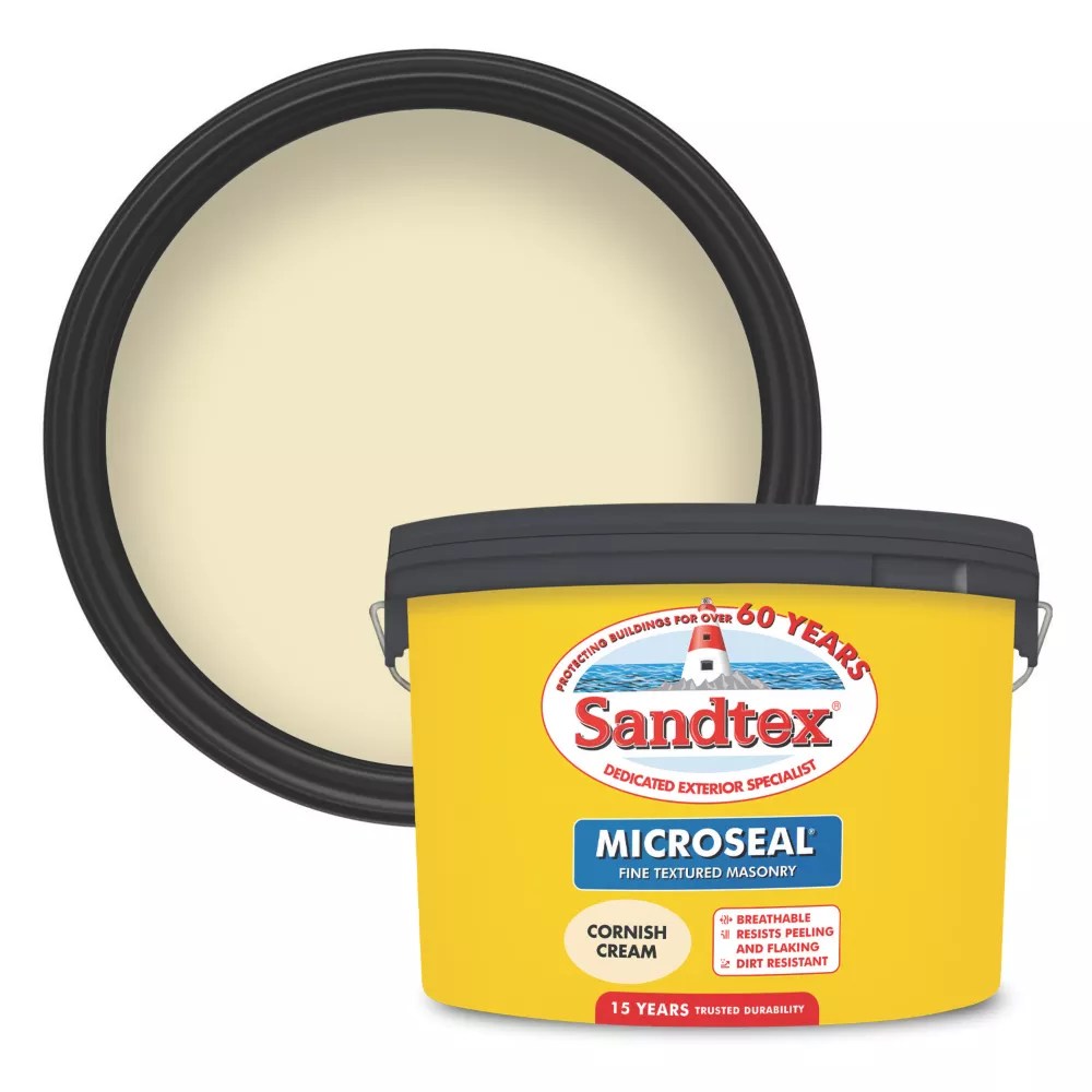 Sandtex 10Ltr Fine Textured Cornish Cream Masonry Paint Screwfix