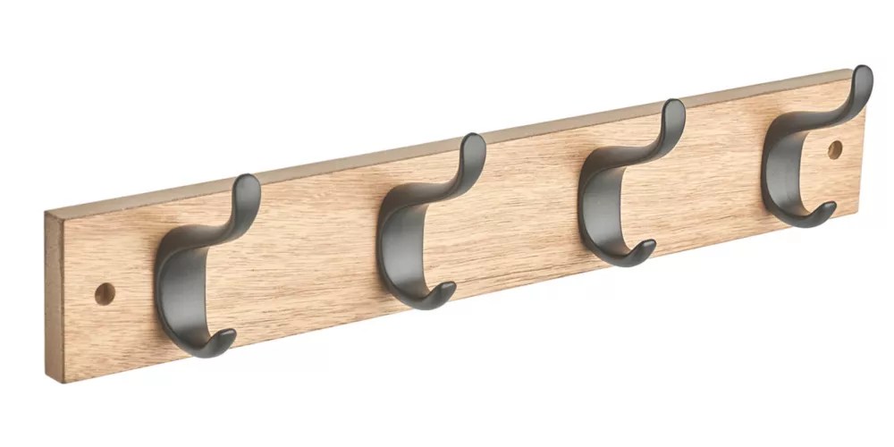 Hardware Solutions 4Hook Heavy Duty Rail Wooden Ash 400mm x 70mm
