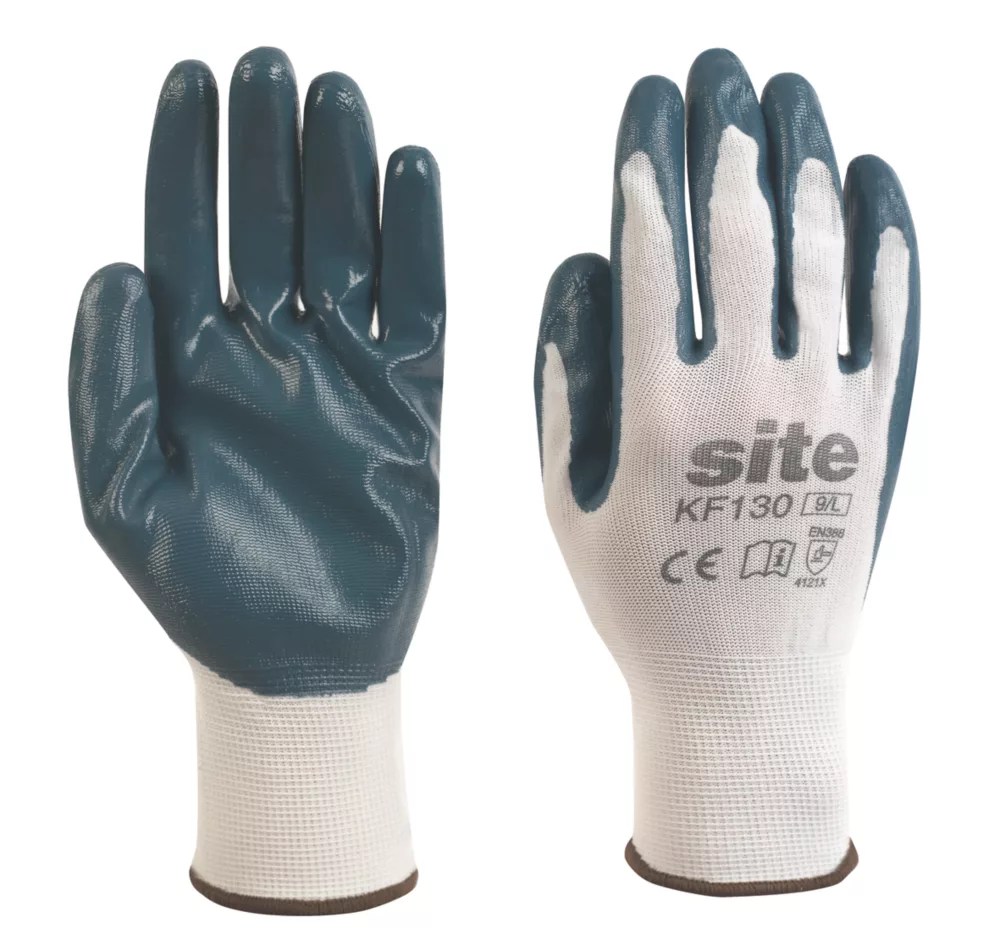 Site Nitrile Coated Gloves White / Blue Medium Screwfix