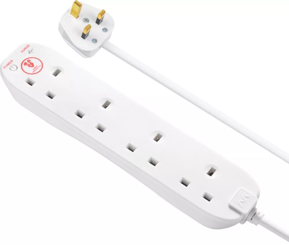 Masterplug 13A 4Gang Switched SurgeProtected Extension Lead White 2m
