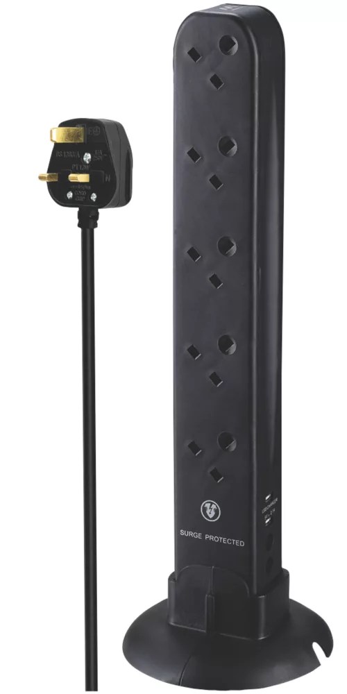 Masterplug 13A 10Gang Unswitched SurgeProtected Extension Lead + 2.1A