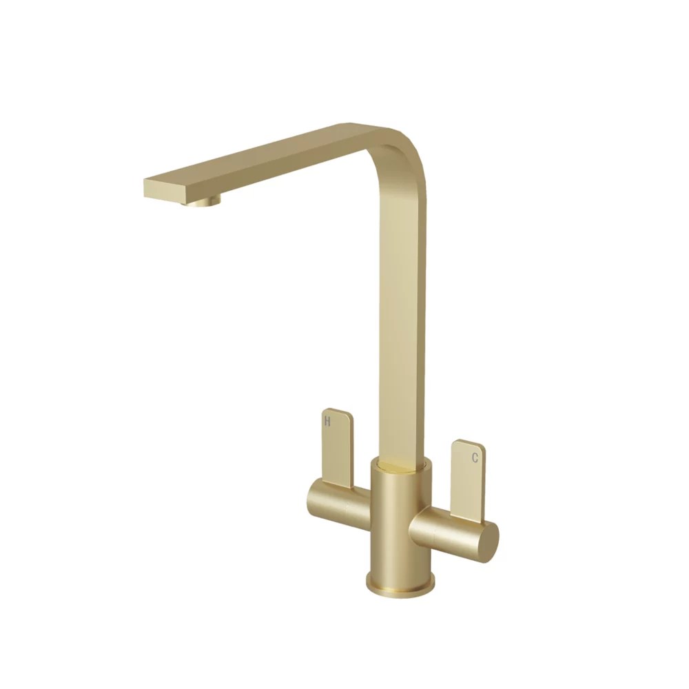 ETAL Stroud Twin Lever Kitchen Mixer Tap Brushed Brass Screwfix