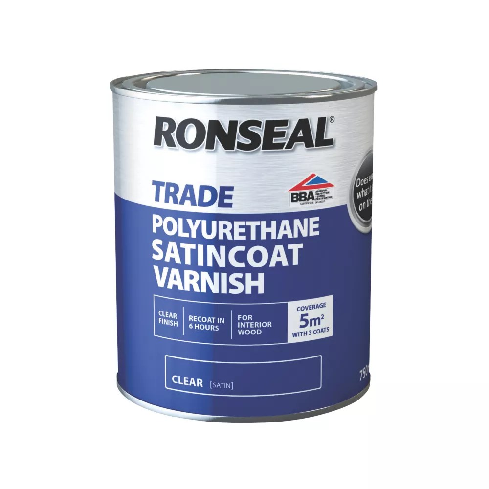Ronseal 750ml Clear Satin SolventBased Interior Wood Varnish Screwfix
