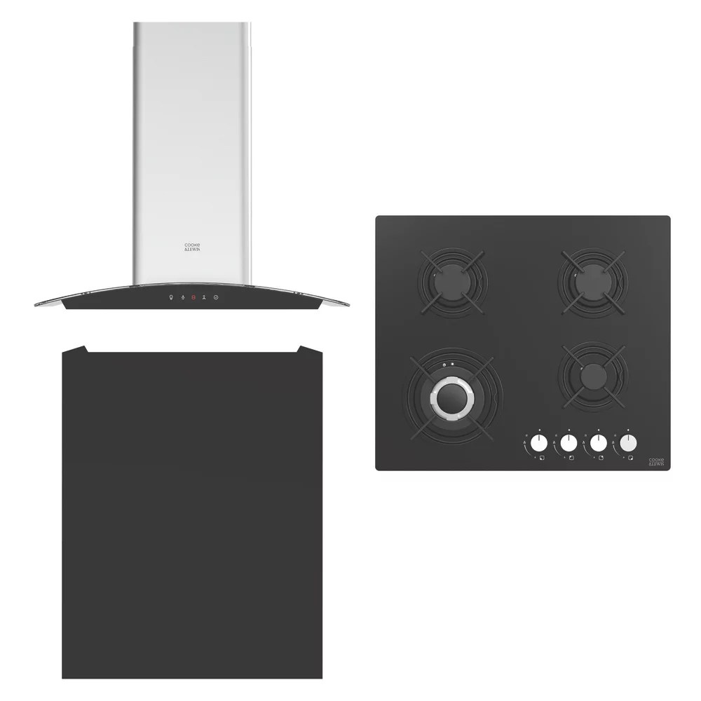 Cooke & Lewis 59cm Gas Hob, Hood & Splashback Black Screwfix