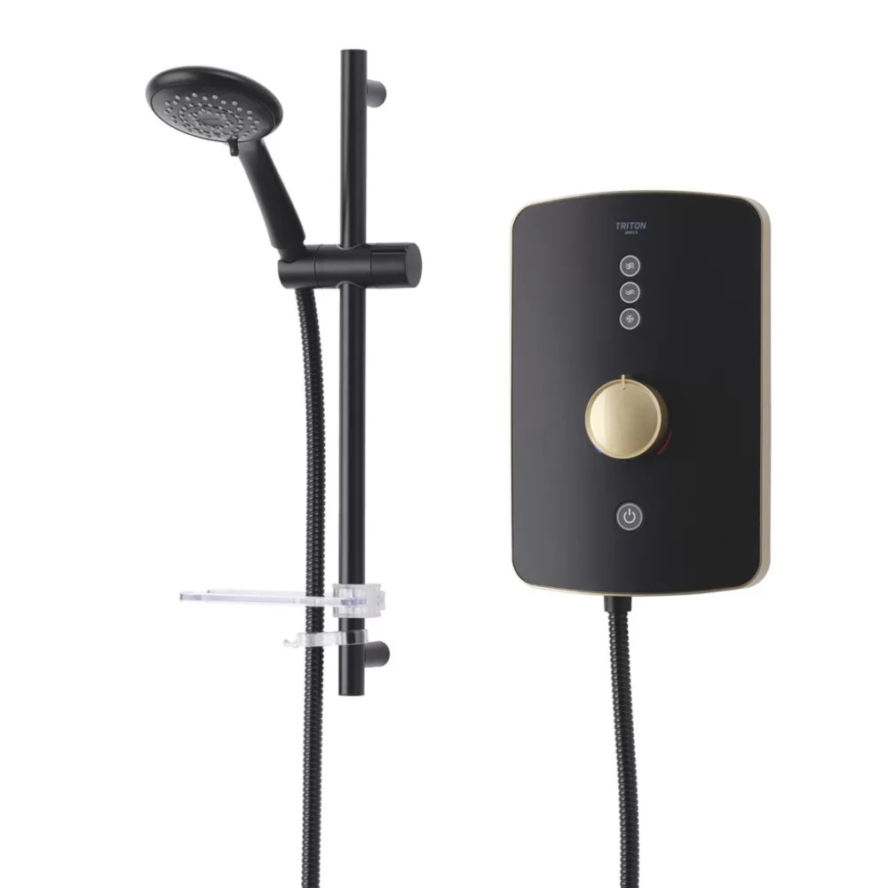 Triton Amala Black with Brushed Brass Accents 8.5kW Electric Shower Screwfix