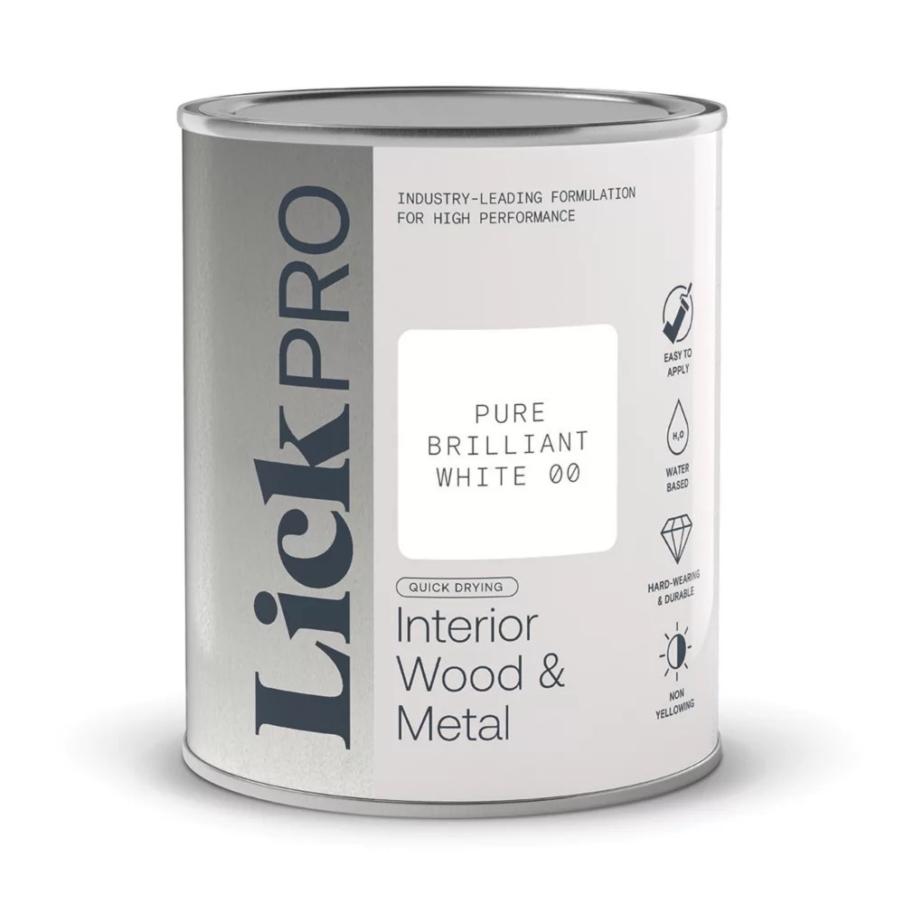 LickPro 1Ltr Pure Brilliant White Satin WaterBased Trim Paint Screwfix