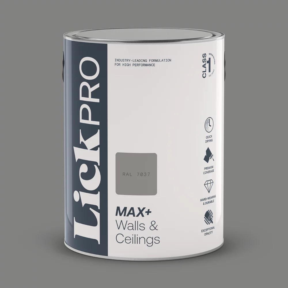 LickPro Max+ 5Ltr Grey RAL 7037 Matt Emulsion Paint Screwfix