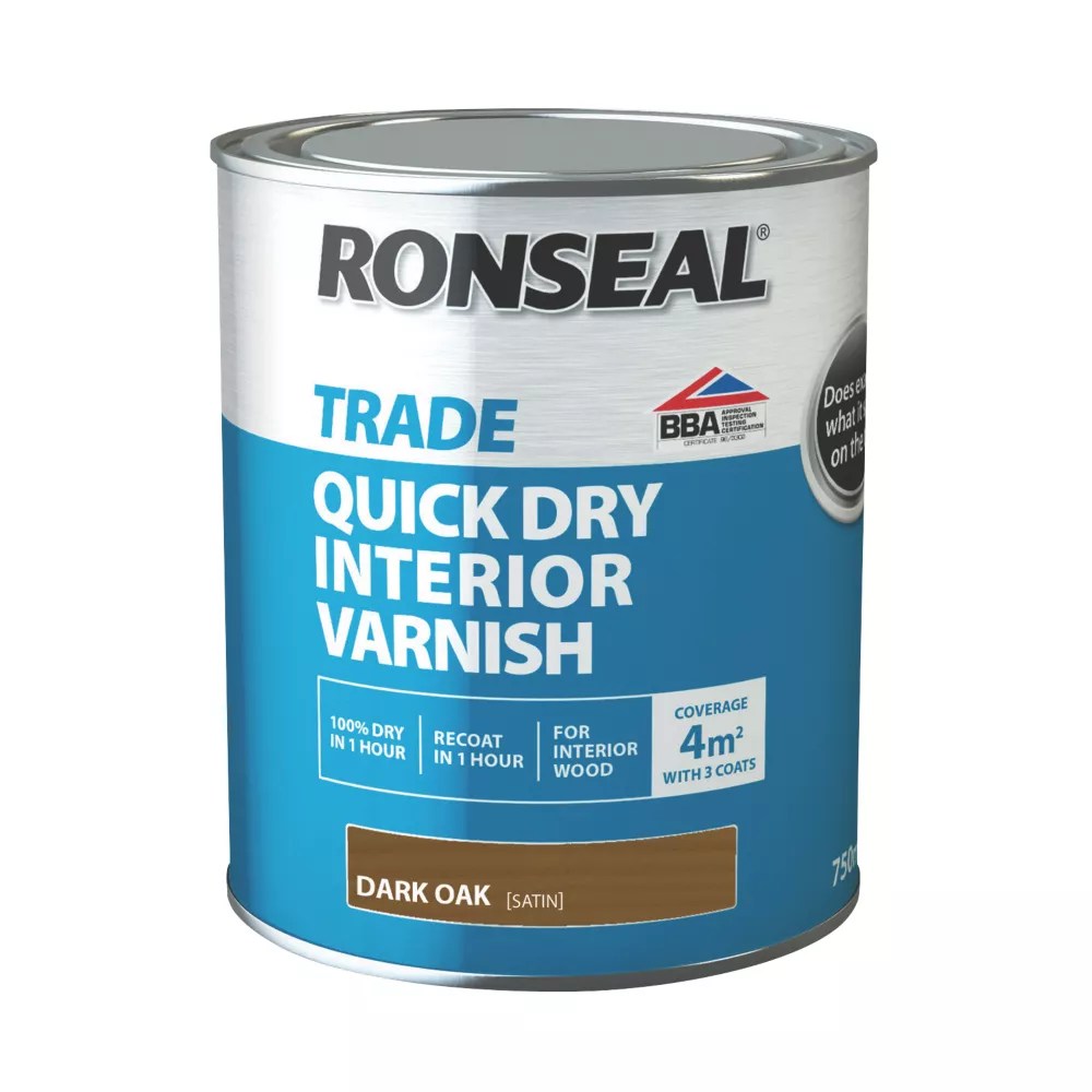 Ronseal 750ml Dark Oak Satin WaterBased Interior Wood Varnish Screwfix