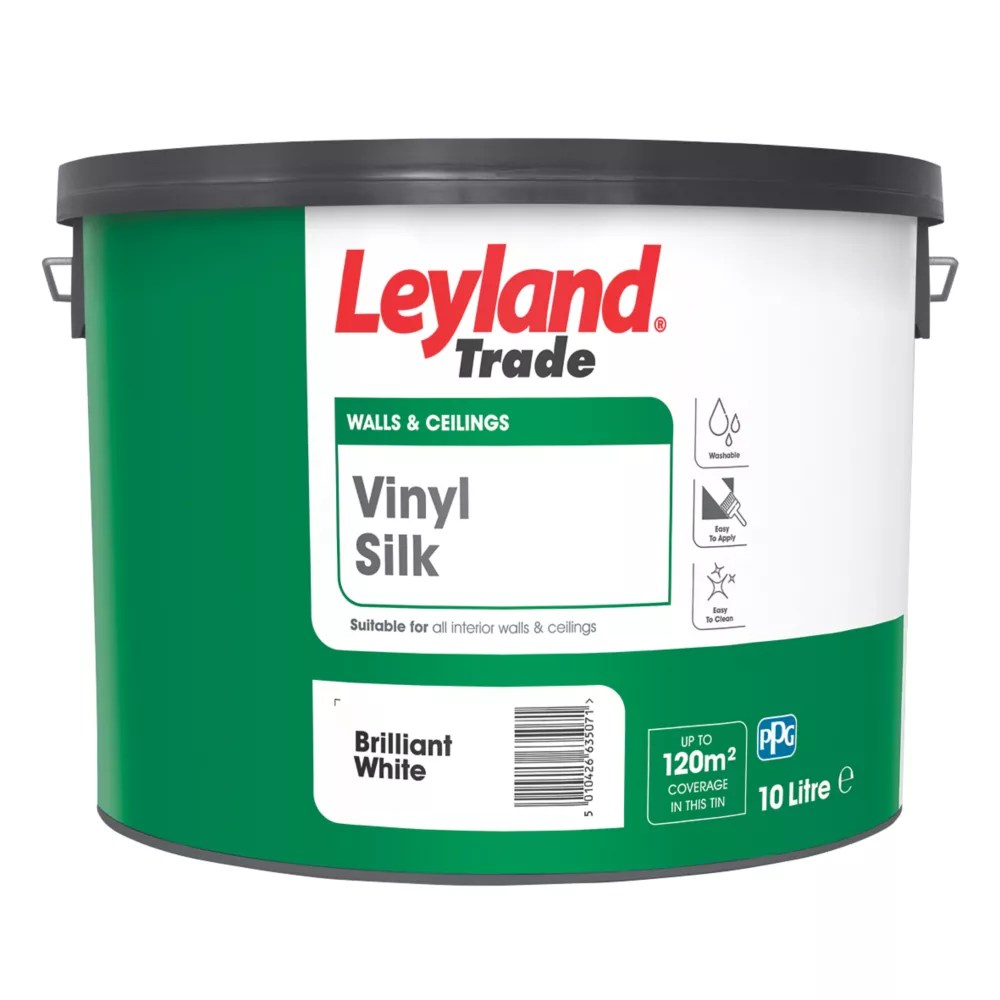 Leyland Trade 10Ltr Brilliant White Vinyl Silk Emulsion Paint Screwfix