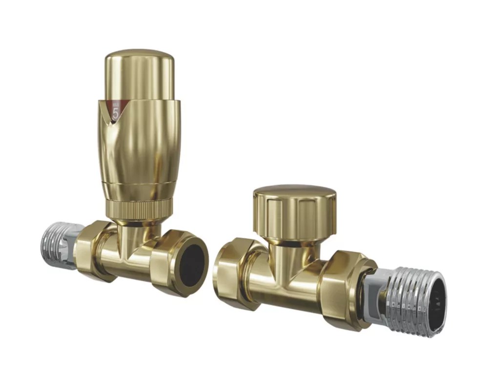 ETAL Danva Brushed Brass Straight Thermostatic TRV & Lockshield 15mm x