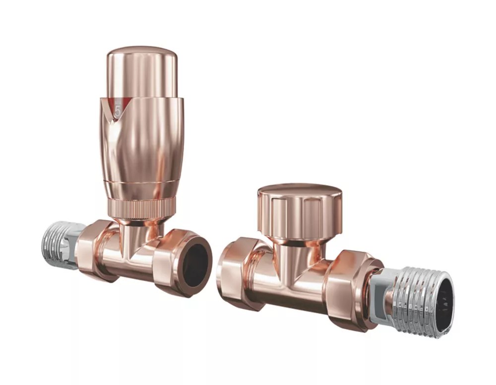 ETAL Danva Copper Straight Thermostatic TRV & Lockshield 15mm x 1/2