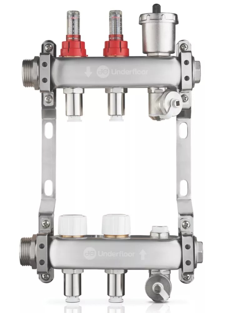 JG Underfloor 2 Port LowFit Heating Manifold Brushed Steel Screwfix