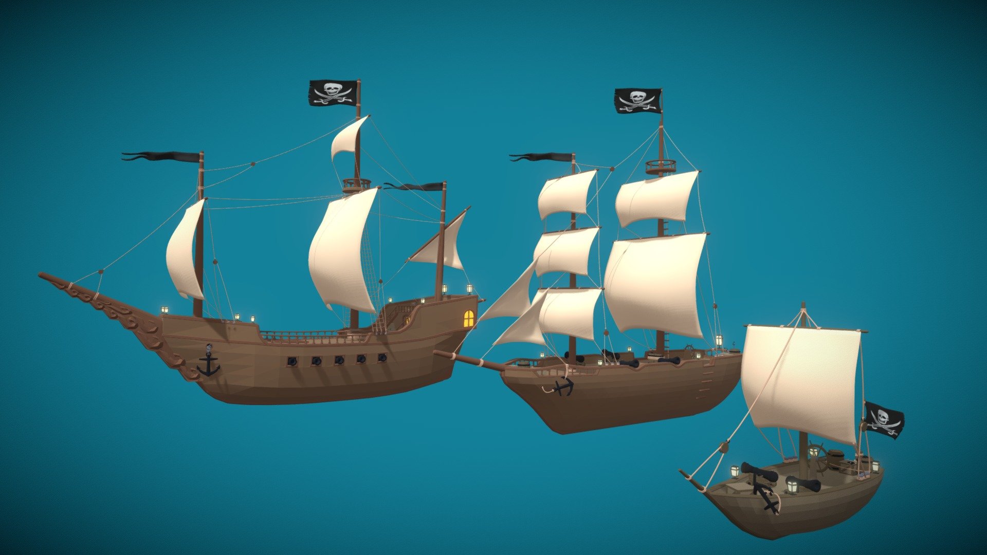 Stylized Low Poly Pirate Ship Pack Buy Royalty Free 3D model by