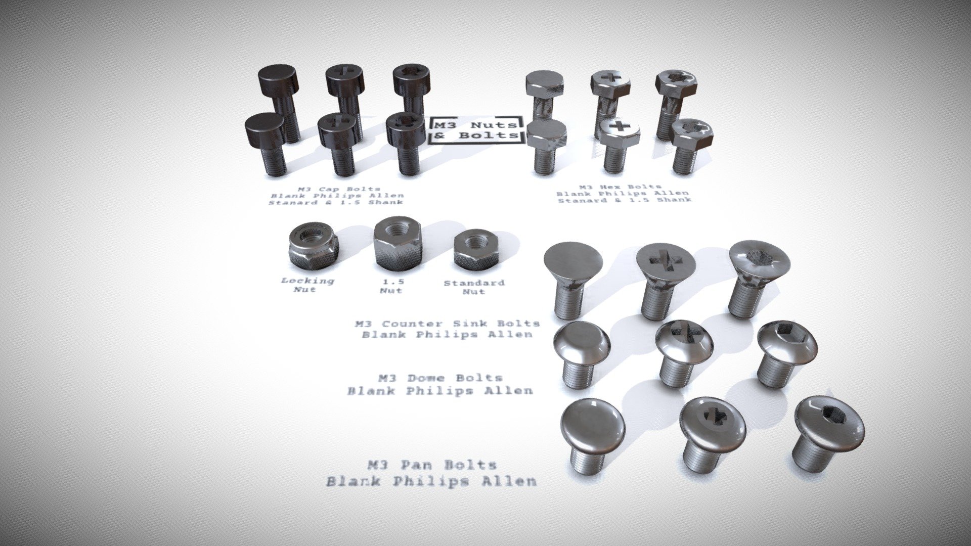 M3 Nuts & Bolts 3d Printable Buy Royalty Free 3D model by