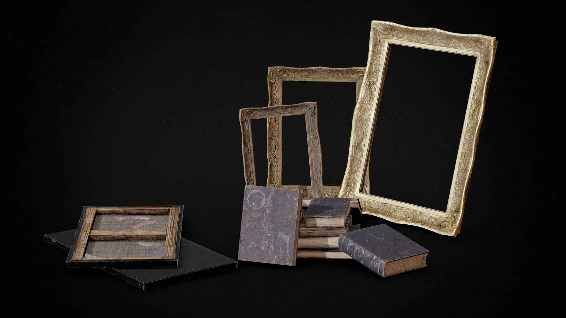 Vintage props [Pictureframes, Canvas , books] Buy Royalty Free 3D