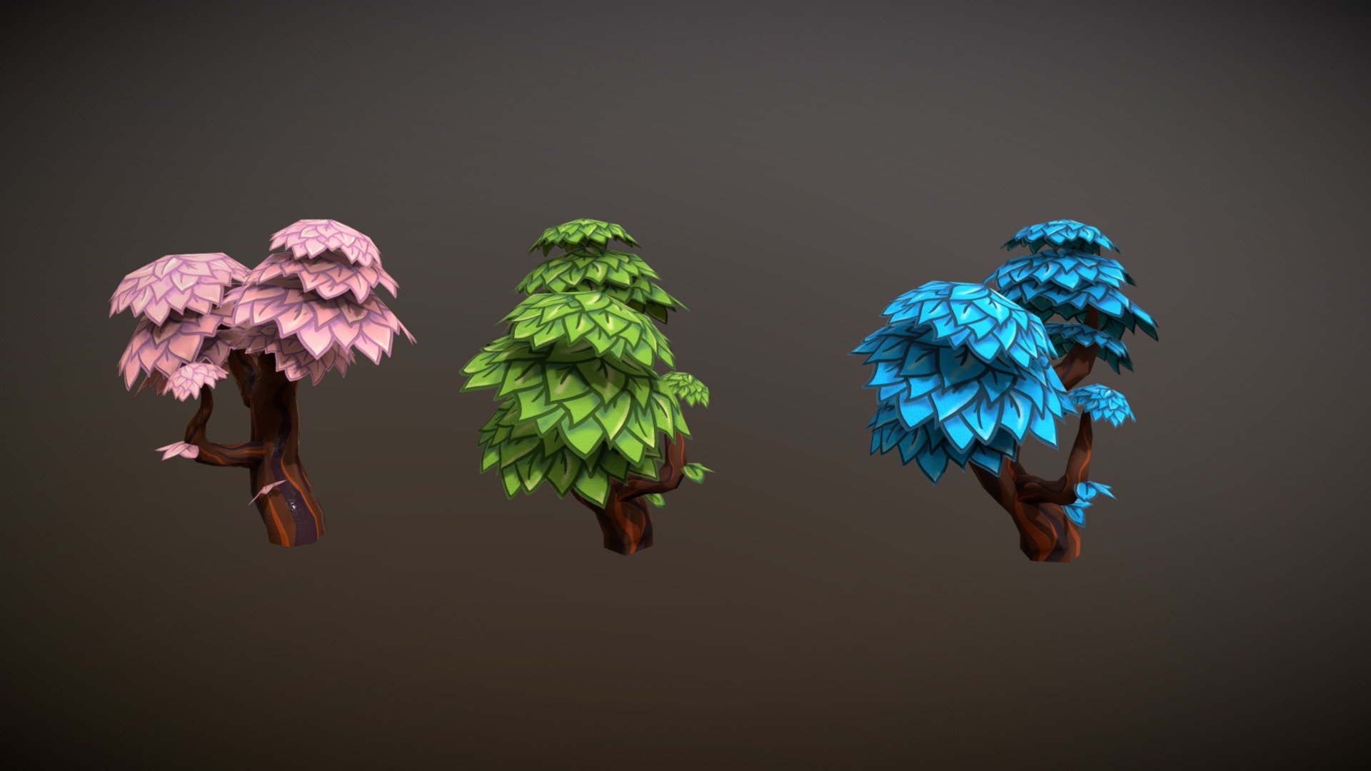 Set of hand painted low poly cartoon trees Buy Royalty Free 3D model