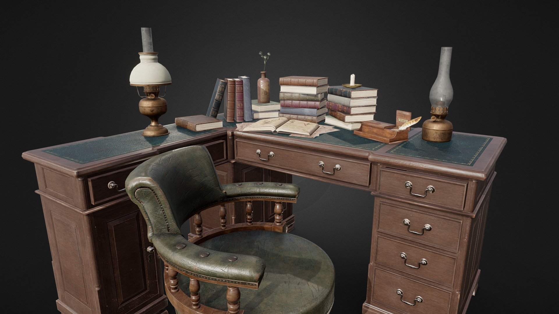 Victorian Desk with Props Buy Royalty Free 3D model by Matthew Collings (mtcollings) [e3c6bc8