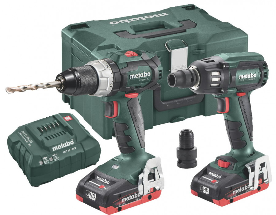 18V Combo set:BS 18 LT BL+SSW 18 LTX 400 BL / 2 x 4 Ah LiHD, Metabo