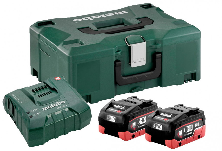 Basic set: 2 x 8,0 Ah LiHD + ASC 145 laadija + Metaloc, Metabo - 18