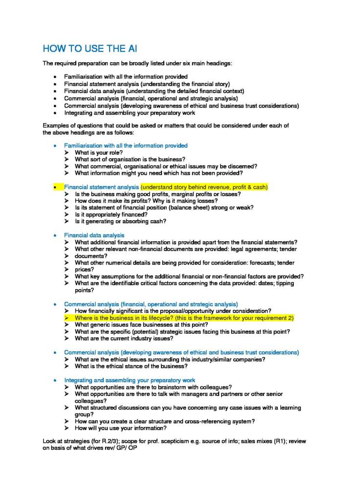 Notes for Case Study ACA Advanced Level (ICAEWALCS) at ICAEW