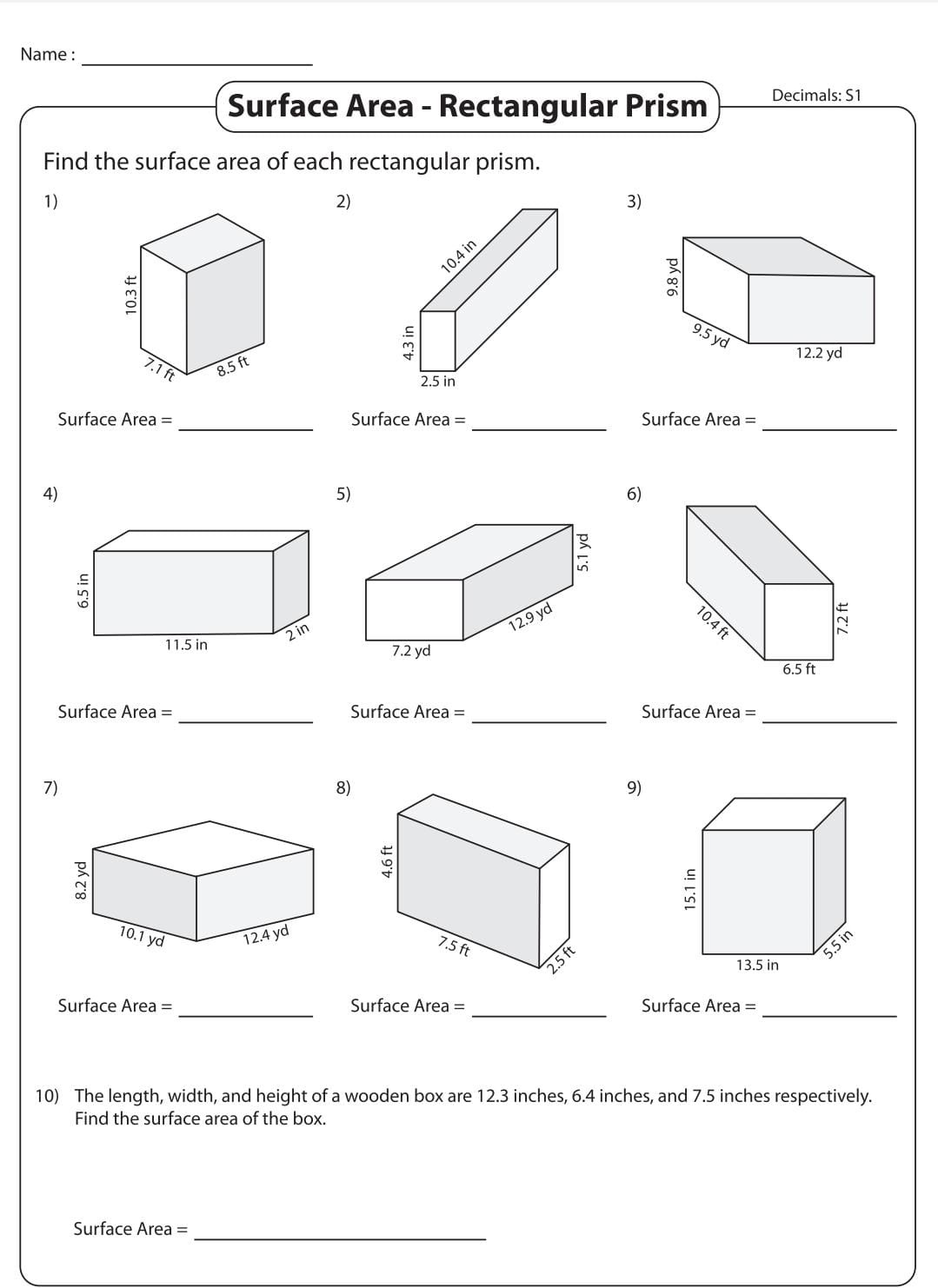 Name Surface Area Rectangular Prism Decimals StudyX