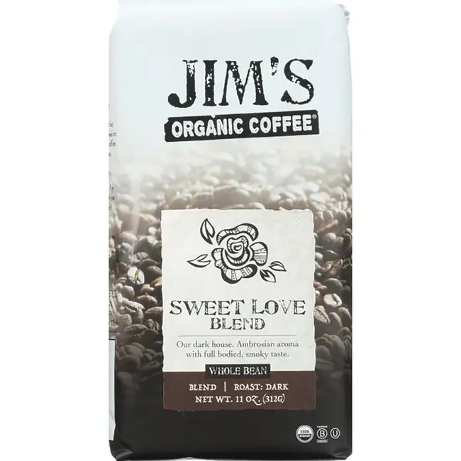 Jim's Organic Coffee Whole Bean Coffee Sweet Love Blend 11 oz (312