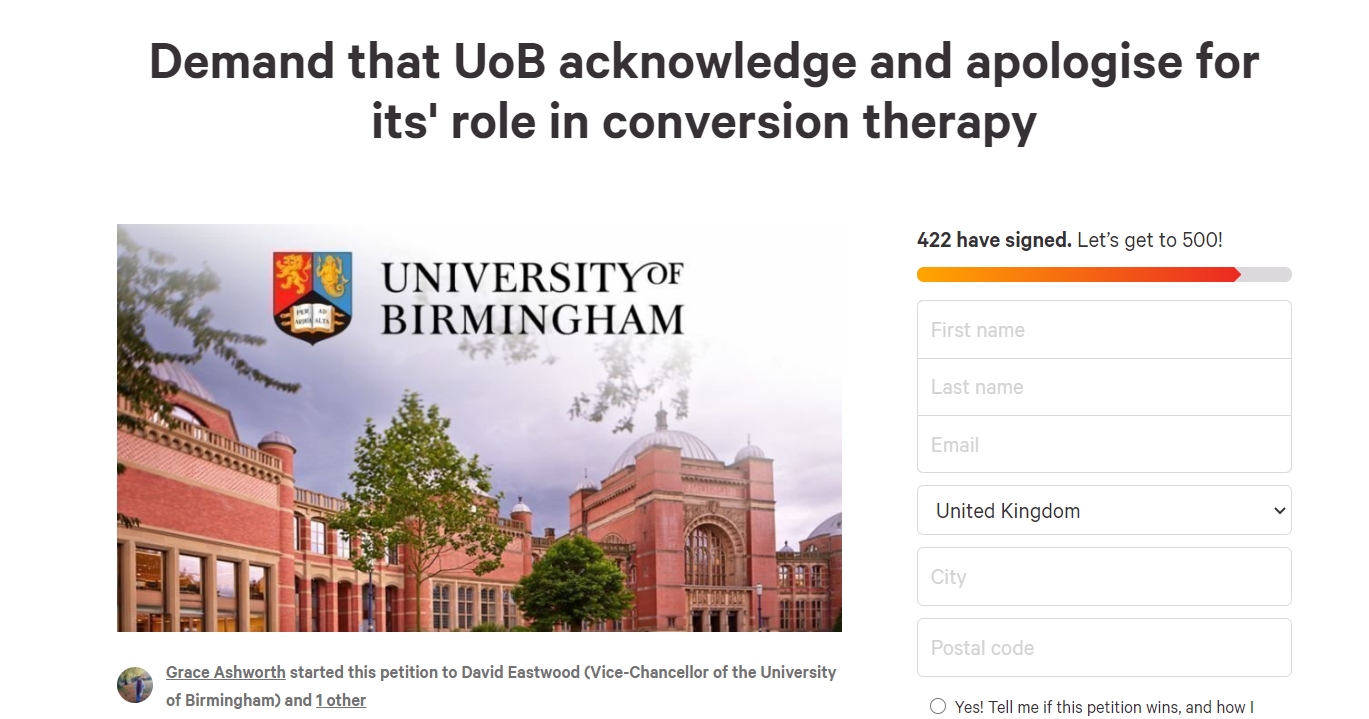 Over 400 people have signed a petition demanding UoB to apologise for its historical 'gay