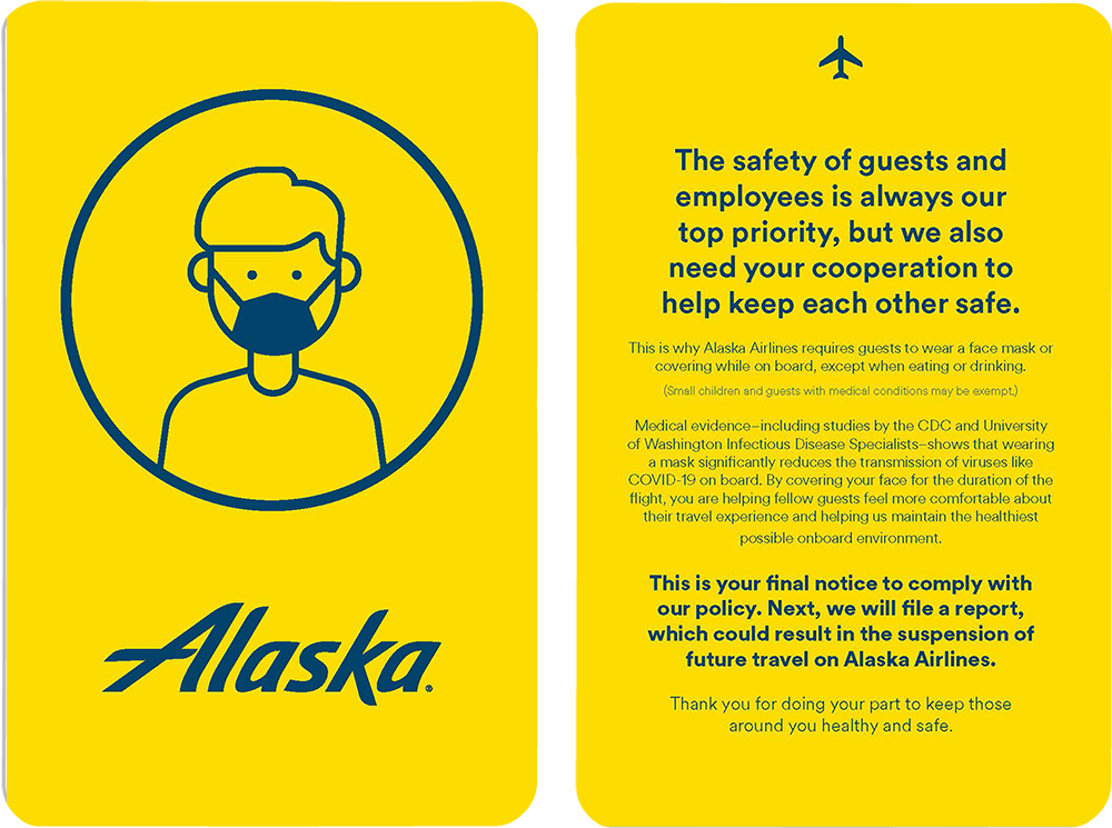 You’ll be issued a yellow card if you refuse to wear a mask on Alaska