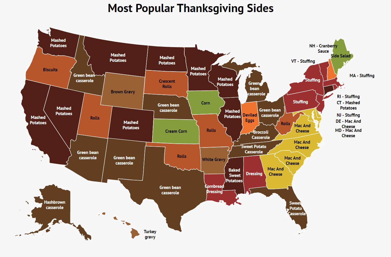 This map highlights the most popular Thanksgiving sides in each state