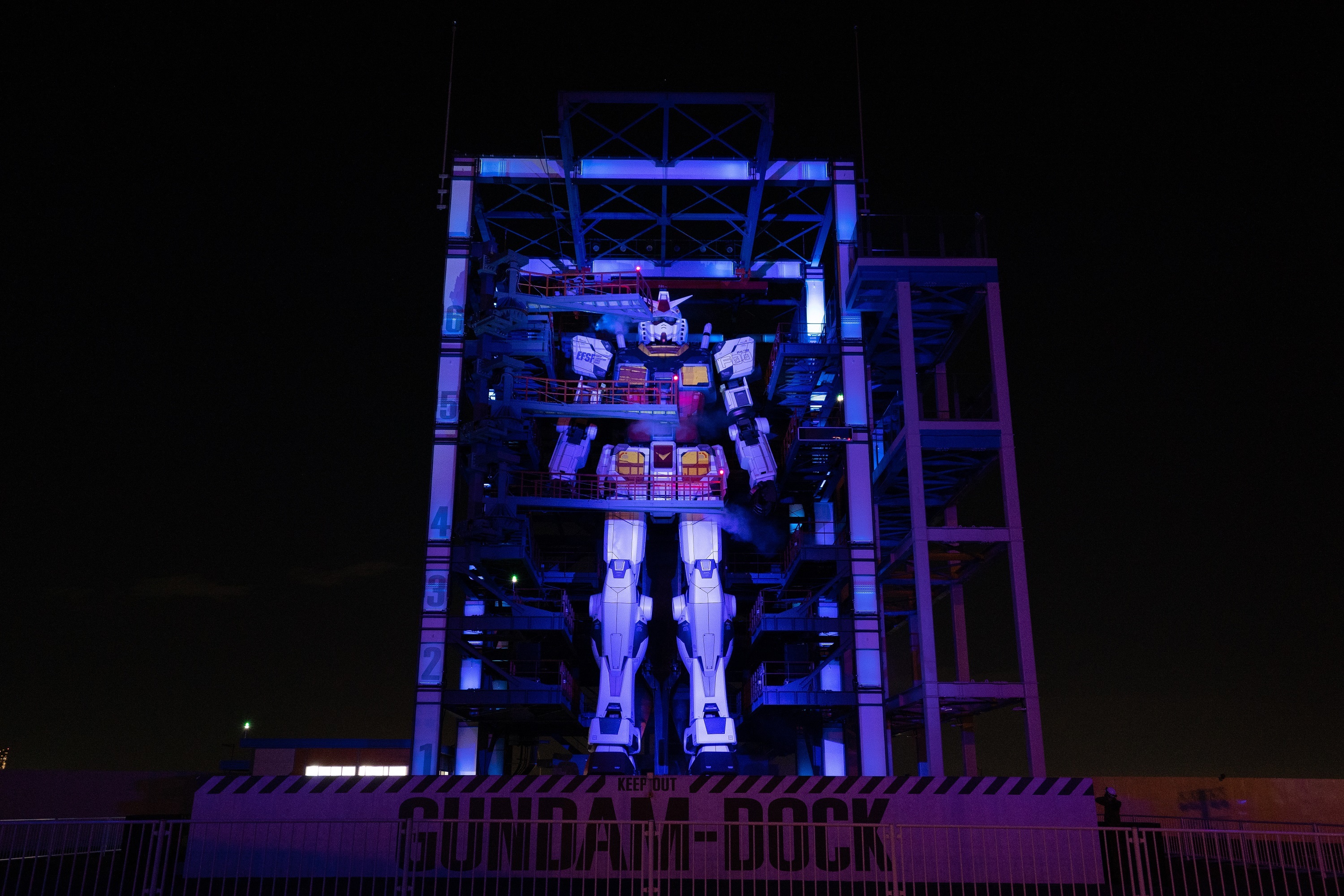 The giant Gundam in Yokohama lights up for winter illuminations