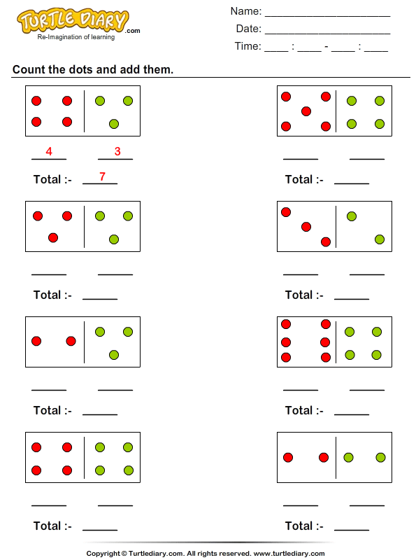 Counting and Adding Dot Figures Turtle Diary Worksheet