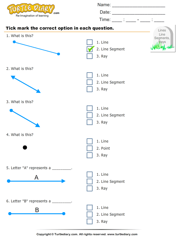 Identify Point, Line, Ray, and Line Segment in Figure | Turtle Diary